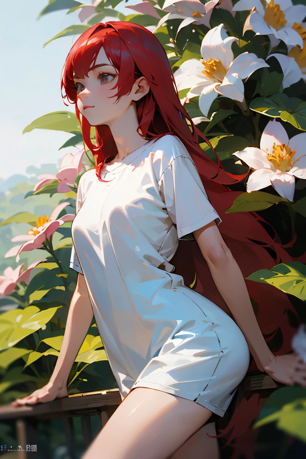 18-year-old、8k、Ultra-Realistic Details、Ultra HD、Bright red hair、Straight Long Hair, Detailed face、Expressionless、Detailed body、Wearing an oversized T-shirt、The nails on her toes look like blooming flowers.、Lots of flowers、Beautiful flowers in the background々It is a garden where flowers bloom.、Blur the background、Photo shoot by a professional photographer、