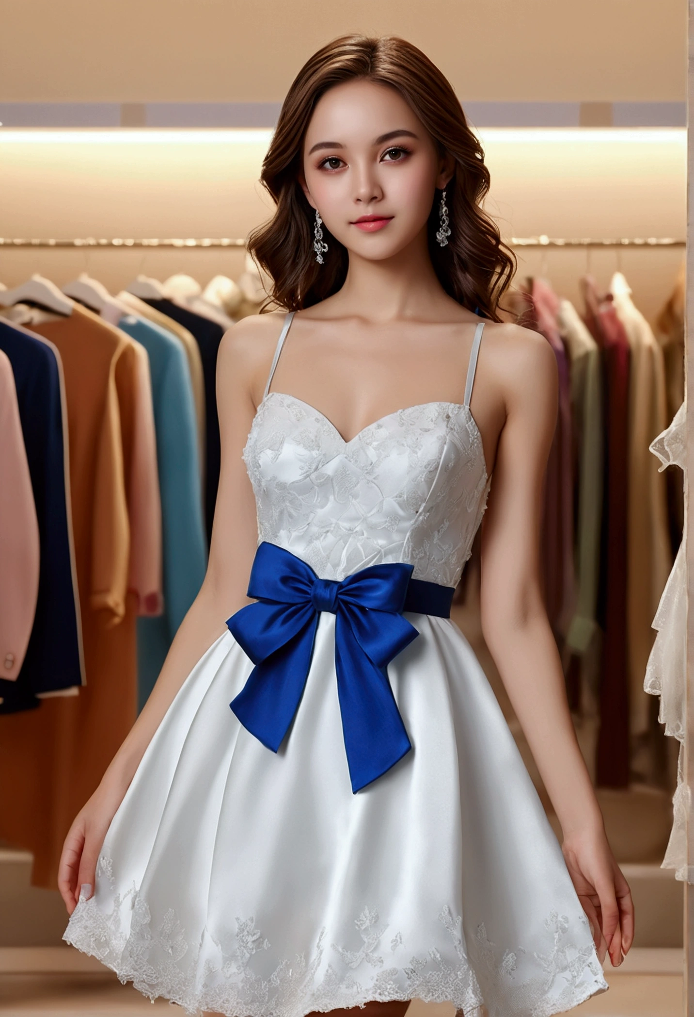 (​masterpiece, best quality:1.5), highest quality, High resolution, super detailed, Realists, Full body photo of a young European brunette, detailed and beautiful brown eyes, very detailed eyes and face, longeyelashes, the young woman wears a short white dress with thin straps made of shiny satin and a blue bow around her stomach, beautiful natural makeup, elegant and noble々Pose, Gardens as background, soft daylight, bright colors, fine brushstrokes, shiny fabric for clothing, beautiful color palette, glowing skin, First-class rendering, that captures every detail, enchanting atmosphere, subtle shadows and lights, (perfect anatomy:1.2), (The stunning young woman stands in a clothing store and is excited about the selection, browse through the clothes, (magnificent panorama view:1.2)