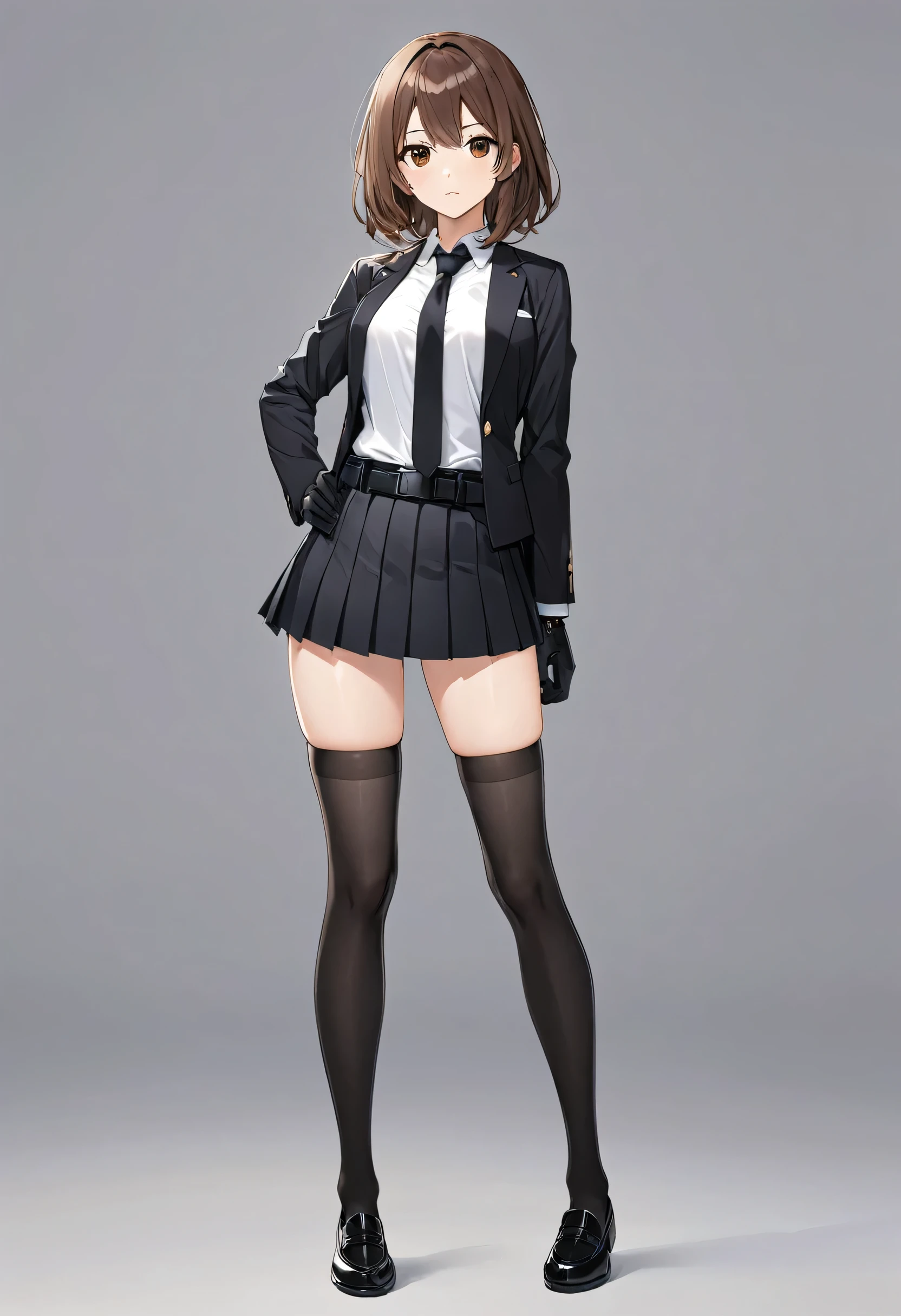 Black miniskirt , pleated skirt , black shoes ,whole body , thighs , brown hair , brown eyes , face , Black gloves , White shirt , black tie , button open blazer , standing posture , black belt , whole body샷 , black stockings