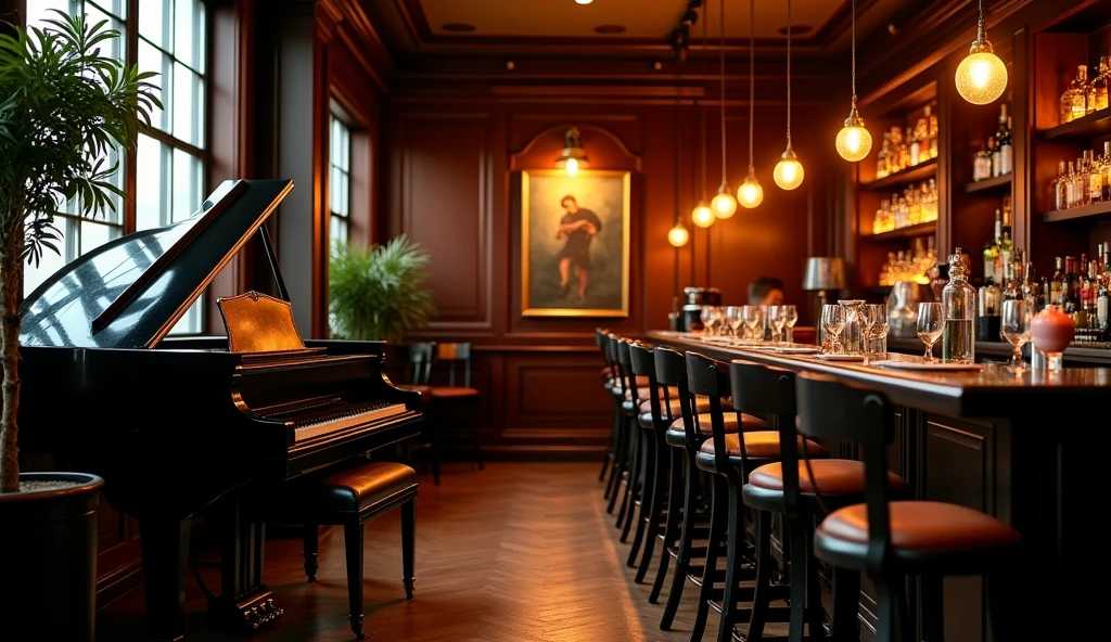 A bar room with a black piano, there are stools at the bar, a plant in corner