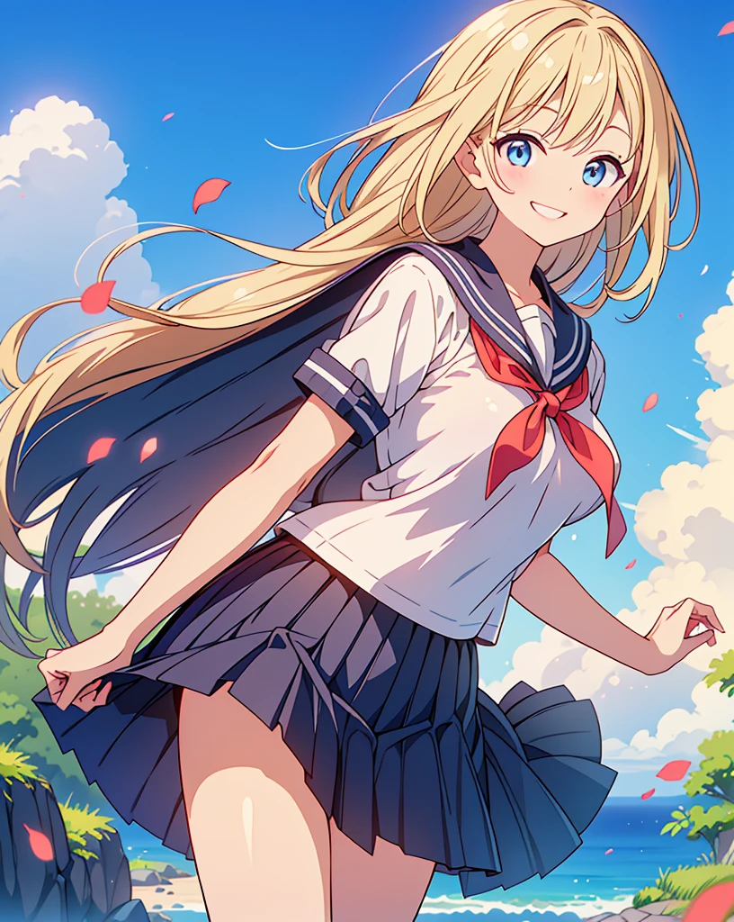 Highest quality, 32K, High resolution, masterpiece:1.5, A cute Japanese, Cute anime-style illustration, Rich emotional expression, An exceptionally beautiful face, , Perfect Human Anatomy, Big light blue eyes, Motherhood and generosity, Deep Love, Wake up, Expressing emotions, Have a rich imagination, Cute Japan, Perfect Human Anatomy, Magical big eyes, Motherhood and generosity, Deep Love, ((A mischievous smile:1.6)), Shiny Blonde, Super long straight silk hair swaying in the wind, Asymmetrical bangs, Hair between the eyes, Transparent, soft white skin, Sharp eyebrows, Thin lashes, Natural Makeup, Cheek highlighter, Detailed and cute lips, (Short-sleeved sailor uniform:1.3), ((Navy blue pleated skirt:1.1)), Slim figure with ample breasts, Beautifully detailed skies, ((Vibrant petal effect:1.2)), mysterious