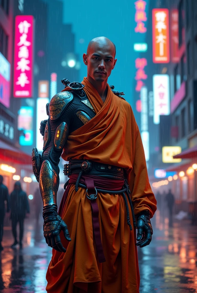 Monge Budista Shaolin, baldie, cyborg combat mecha in a futuristic cyberpunk setting