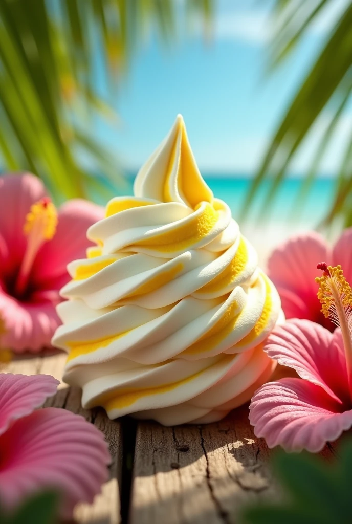 generates a smooth circular shaped natural fruit ice cream ball, Coconut and pineapple flavor, Let it be two colors, white and yellow, mix them a little so that the colors form a spiral