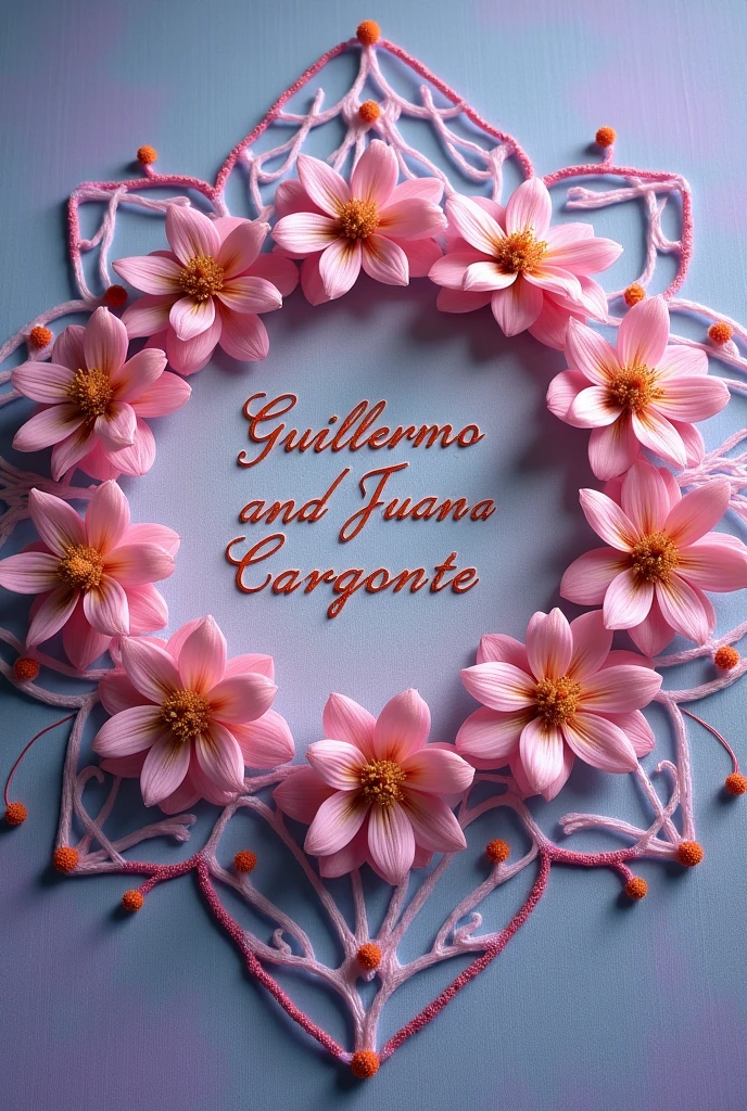 Mandala type, I want a sketch of pink flowers or some nice proposal to embroider with wool and by hand and in a colored way on a square fabric, that the base is a nice color but by no means black And that in the center it says:
Guillermo and Juana Cargonte In honor of the Virgin of the Snows of Umamarca and finally say: Rdo. Sachi Mady Quispe Chipana