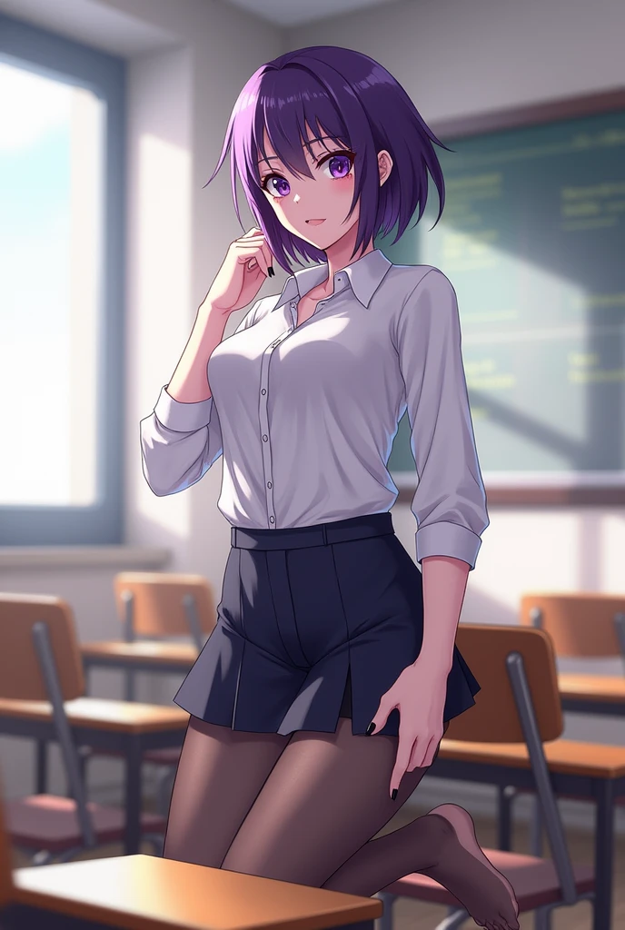 ((black nails)), ((class room)), ((ful dressed)), ((female)), ((female only)), ((hand on ass)), ((gazing at viewer)), ((without shoes)), ((on desk)), ((painted nails)), ((pantyhose)), ((Introducing Feet)), ((purples eyes)), ((cabelo roxo)), ((cabelo roxo)), ((shoes removed)), ((soles)), ((alone)), ((white shirt)).
((komi shouko)), ((Komi-San_wa_komyushou_sausage))