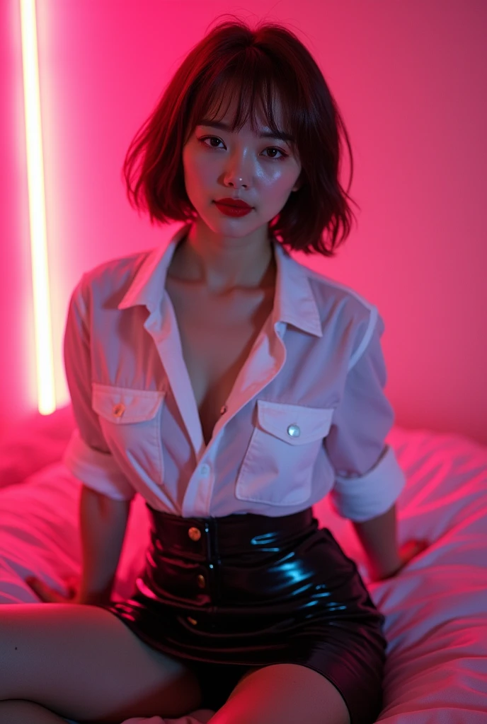 ((Taiwanese  idol))　35 talents　((Plump, bright red lips with lipstick))　round face　Heavy makeup　Big Breasts　Plump　Brown hair short hair　((Looking into the camera))　Sit with your legs apart　((White button-up shirt with black patent leather tight skirt and black stockings))　Skin and  drenched in sweat　　(Sit on the futon with your legs spread open.)　look down　((A bedroom with shoji and tatami mats lit up in pink neon lights))　Shooting from a camera angle seen from the floor