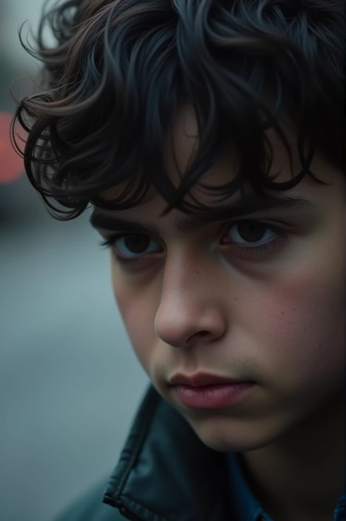 The face of a 16 year old boy with a depressed look from a low perspective