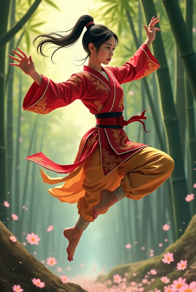 Mulan in a karate outfit kicking