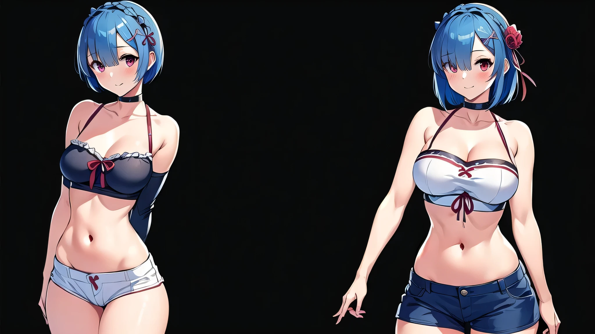 all realistic intricate details, masterpiece, best quality, highres, rem1, 1girl, solo, rem \(re:zero\), blue hair, short hair, red eyes, hair over one eye, ribbon trim, hair ribbon, x hair ornament, frills, crop top white, denim shorts,medium breasts, cleavage, sedection pose , hair flower, outdoor, standing, smile, perfect background, perfect light
