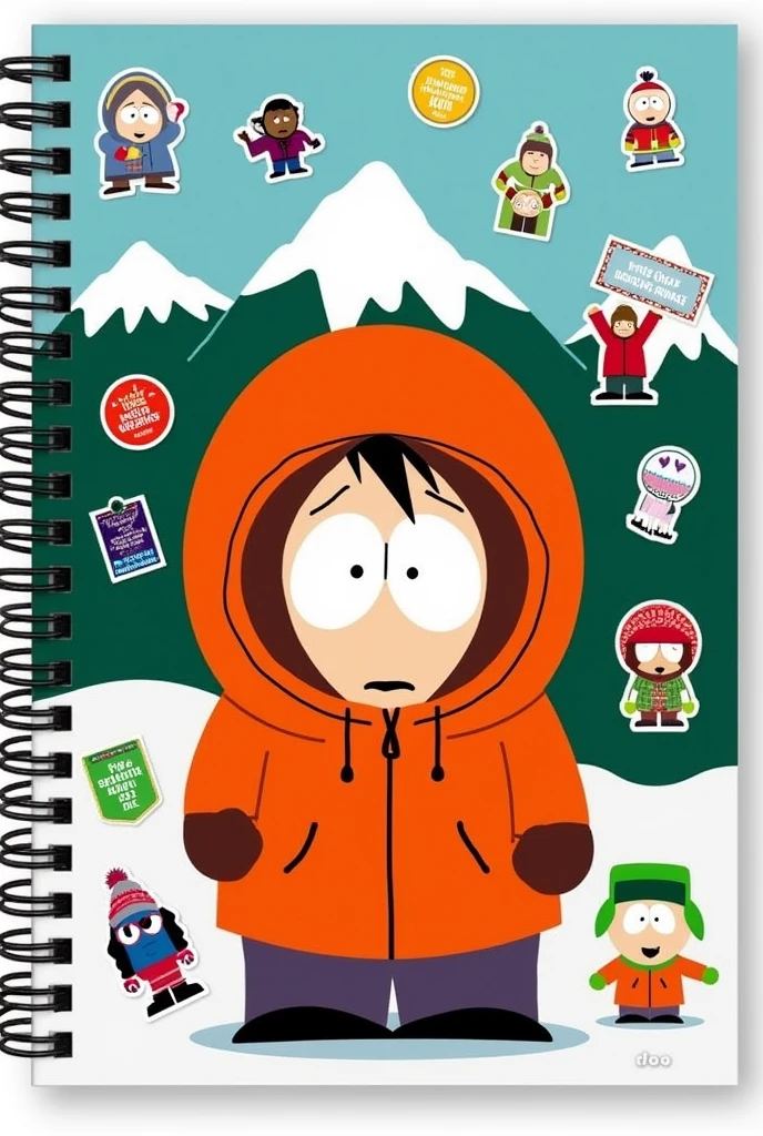 A SOUTH PARK character Kenny notebook cover with stickers of him on the cover and other things.