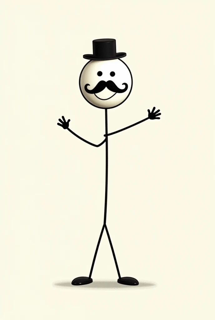 Make a stick figure with a white face and stick eyes and mouth with a hat and mustache

