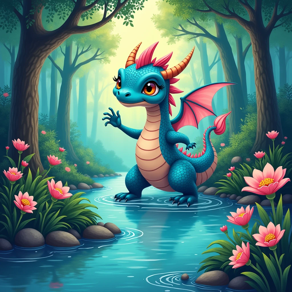 a blue and soft pink color dragon painting on a riverbed of woods, in the style of bright color palettes, playful character design, dark turquoise and light red, colorful animations, inventive character designs, 32k uhd, mural painting