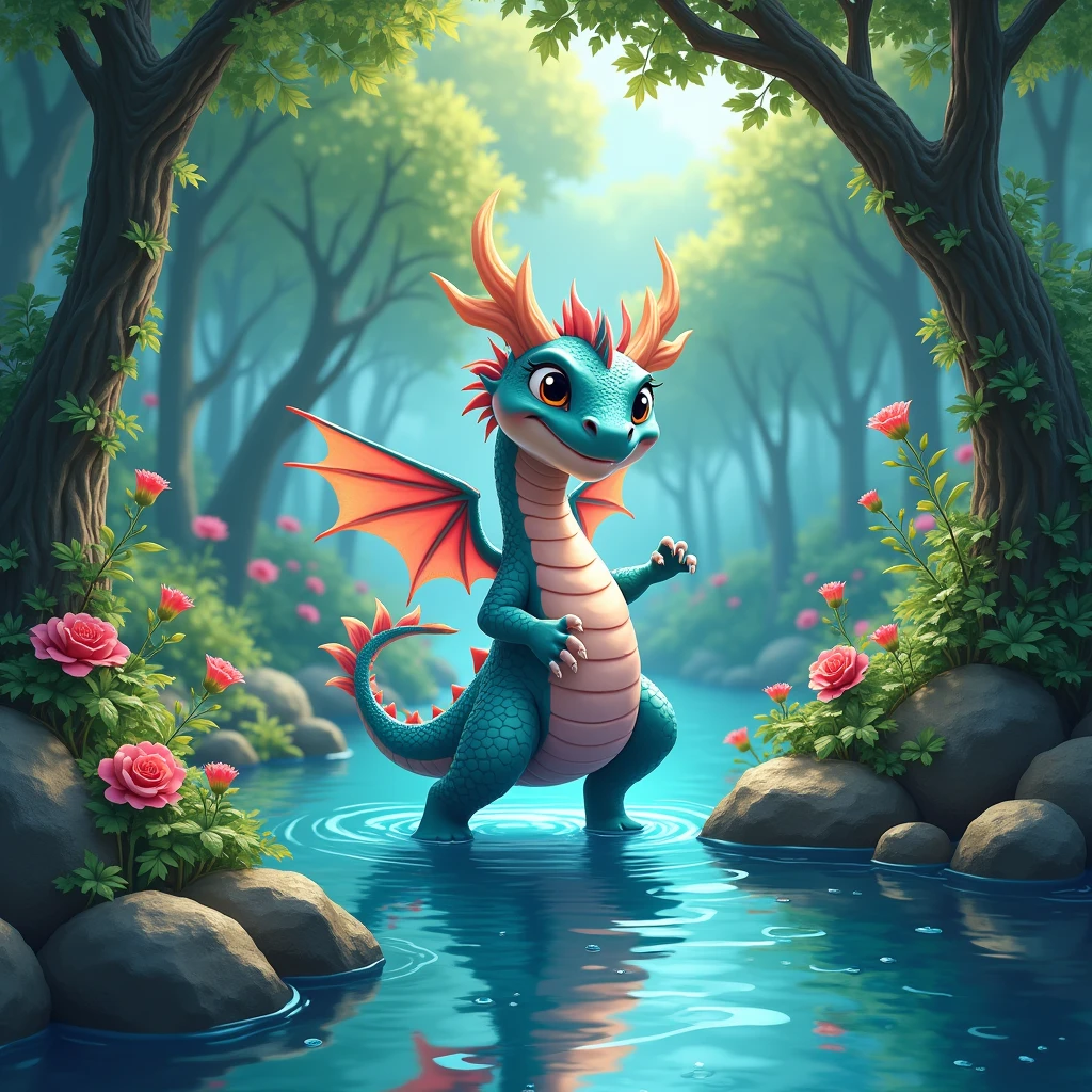 a blue and soft pink color dragon painting on a riverbed of woods, in the style of bright color palettes, playful character design, dark turquoise and light red, colorful animations, inventive character designs, 32k uhd, mural painting
