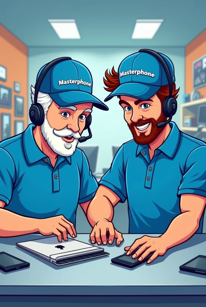 For me, the image of two men behind a counter at a telephone technical support center, one of the men with very short white hair and the other with brown hair, and both wearing a blue cap with the word masterphone written on it., And also Blue polo shirt and the guy with white hair fiddling with an Apple notebook And the other one with brown hair fixing a phone, I want them both looking at the camera and I want the image to be cartoon-like