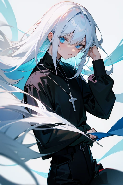 an anime, White hair, touching the hair, blue colored eyes, soft face, black leagwear, black pants, necklace with a cross, interested