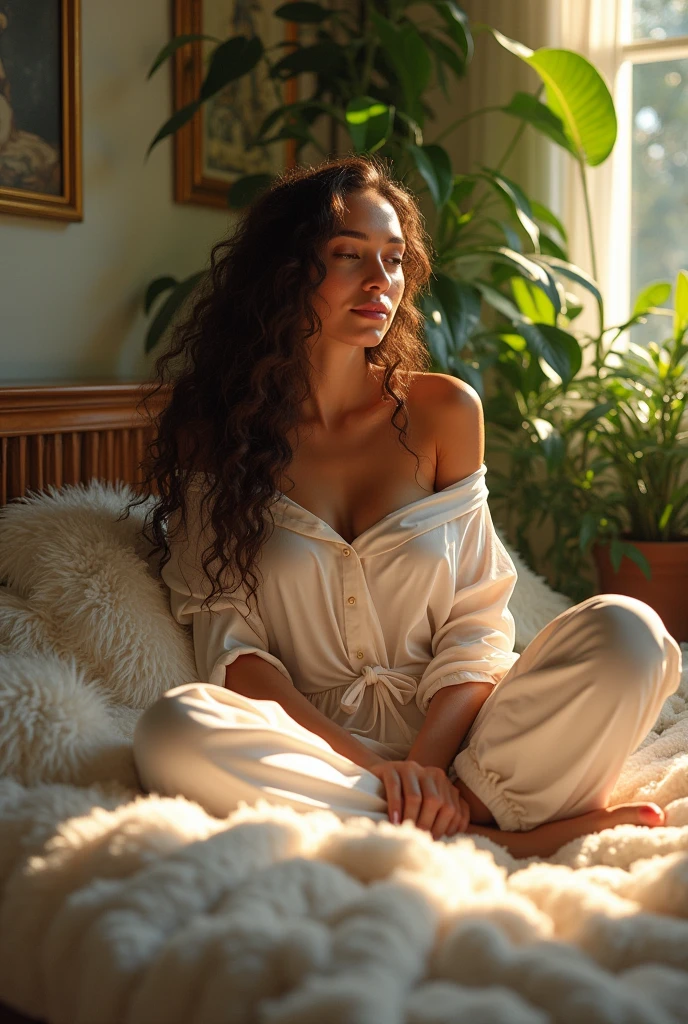 (photorealism:1.2), beautiful woman, sitting on bed, wearing loose off-shoulder top, pajama pants, long curly hair, indoors, soft lighting, plants in background, window with sunlight, cozy room, relaxed pose, realistic, intricate details, warm colors, by Greg Rutkowski, by Alphonse Mucha