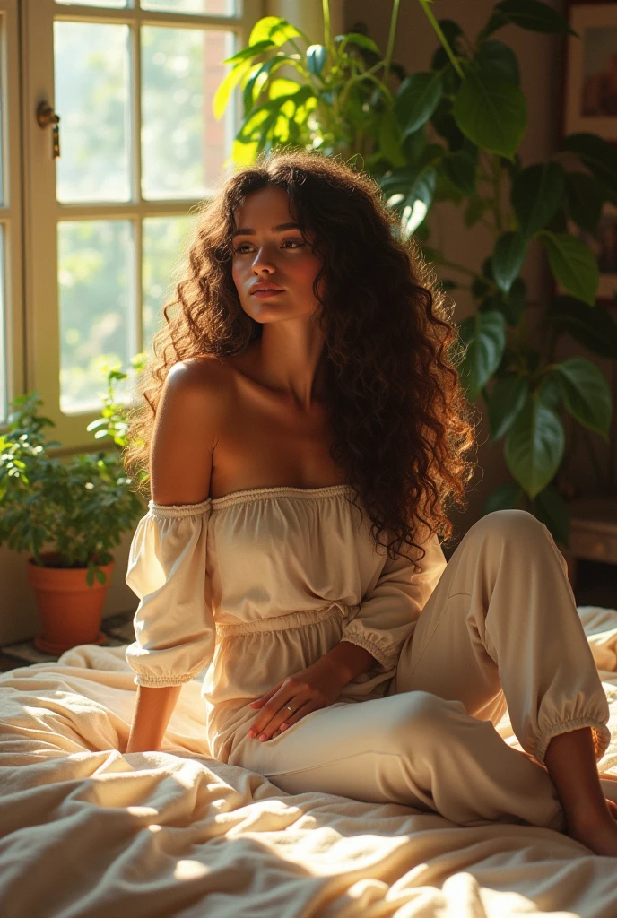 (photorealism:1.2), beautiful woman, sitting on bed, wearing loose off-shoulder top, pajama pants, long curly hair, indoors, soft lighting, plants in background, window with sunlight, cozy room, relaxed pose, realistic, intricate details, warm colors, by Greg Rutkowski, by Alphonse Mucha