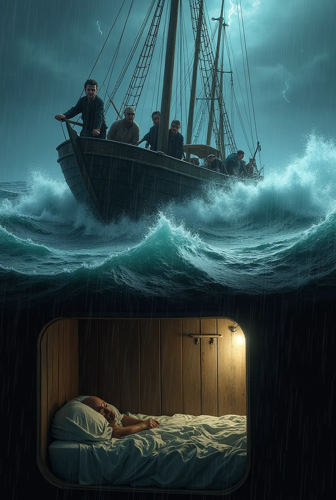 A realistic image in horizontal form, There is an old-looking crew in the middle of the sea going through a strong storm, while the crew with faces of anguish try to control the boat due to the strong tide, inside the ship, In the basement there is a 40-year-old man with an old appearance and clothes sleeping