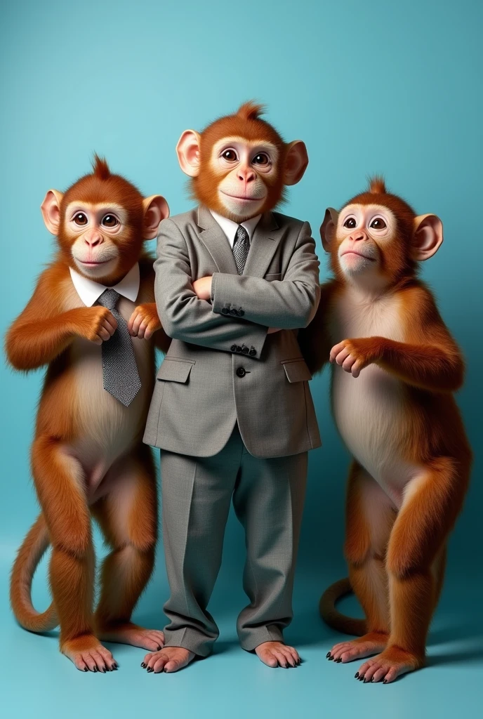 Make a picture of 4 female monkeys and 1 male using suits.  with brown fur and realistic ia design 
Looking for the camera using suits, blue background. Each doing different poses  or different gestures 