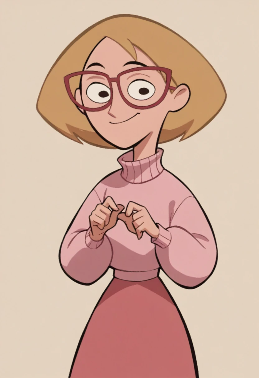 MrsStoppable, pink sweater, pink skirt, glasses, 1girl, solo, toony, 