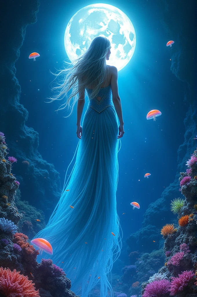 majestic goddess rising from the ocean, her hair flowing like water, surrounded by bioluminescent marine creatures and coral reefs glowing in vibrant colors under a full moon."