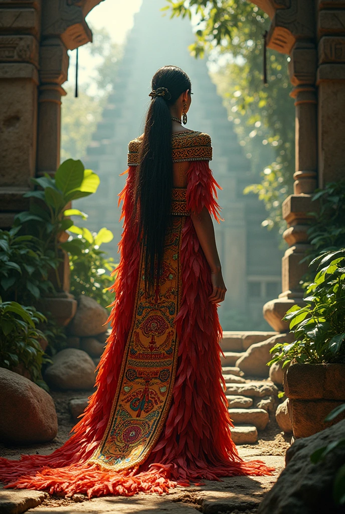 A long, majestic cape made of bright, colorful feathers that change color with the light.. The cape is decorated with Aztec symbols and has a texture that gives the impression of being in constant motion.. The edge of the cloak is adorned with gems that emit a soft golden light..