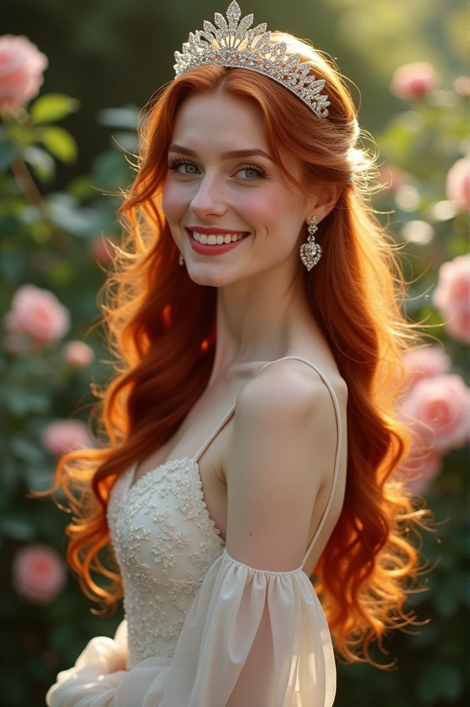 Show me a Lady Diana with a tiara, small and thin nose, with long RED hair and very similar to Lady Di