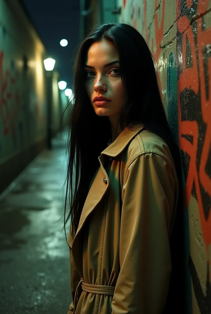 Woman with very long, straight black hair, with dark green eyes, skin tanned, look like Angelina Jolie, with bangs and wearing a beige overcoat, Youngh, in a dark dead end alley, pressed against the wall