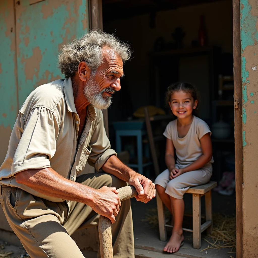 A poor farmer in a village is working in the field, with a tired expression on his face.
In a small, dirty room sits the girl, a simple smile on her face.