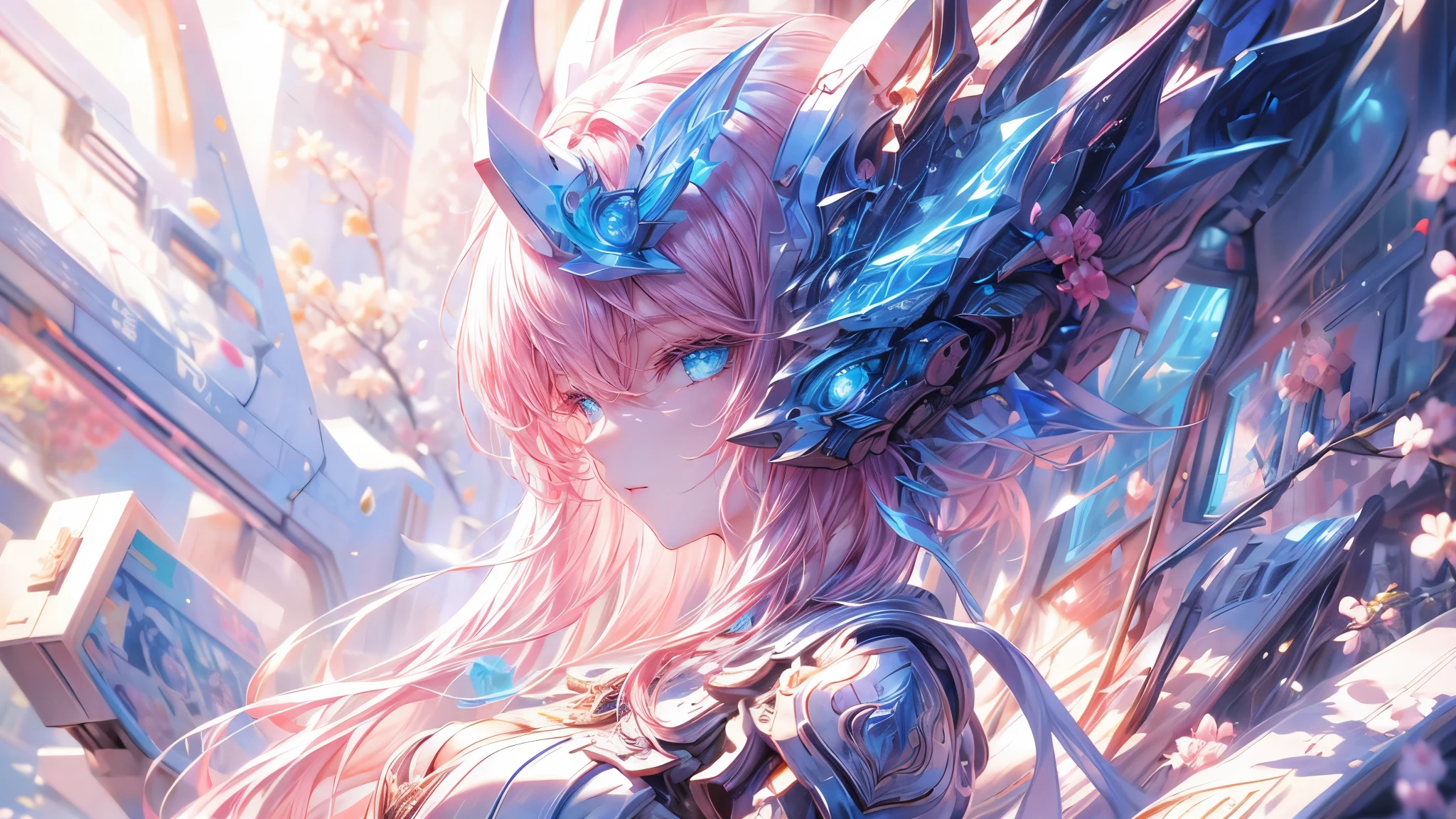 Detailed anime style, Beautiful and stunning artwork, Bright shadows, strong colors, Pastel cotton candy, a beautiful woman, pink hair, blue eyes, Beautiful scenery, Cherry blossom leaves, Linear and detailed illustration

