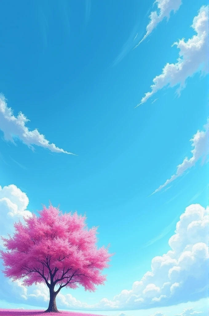 Wide blue sky with a pink tree in a corner surreal painting style