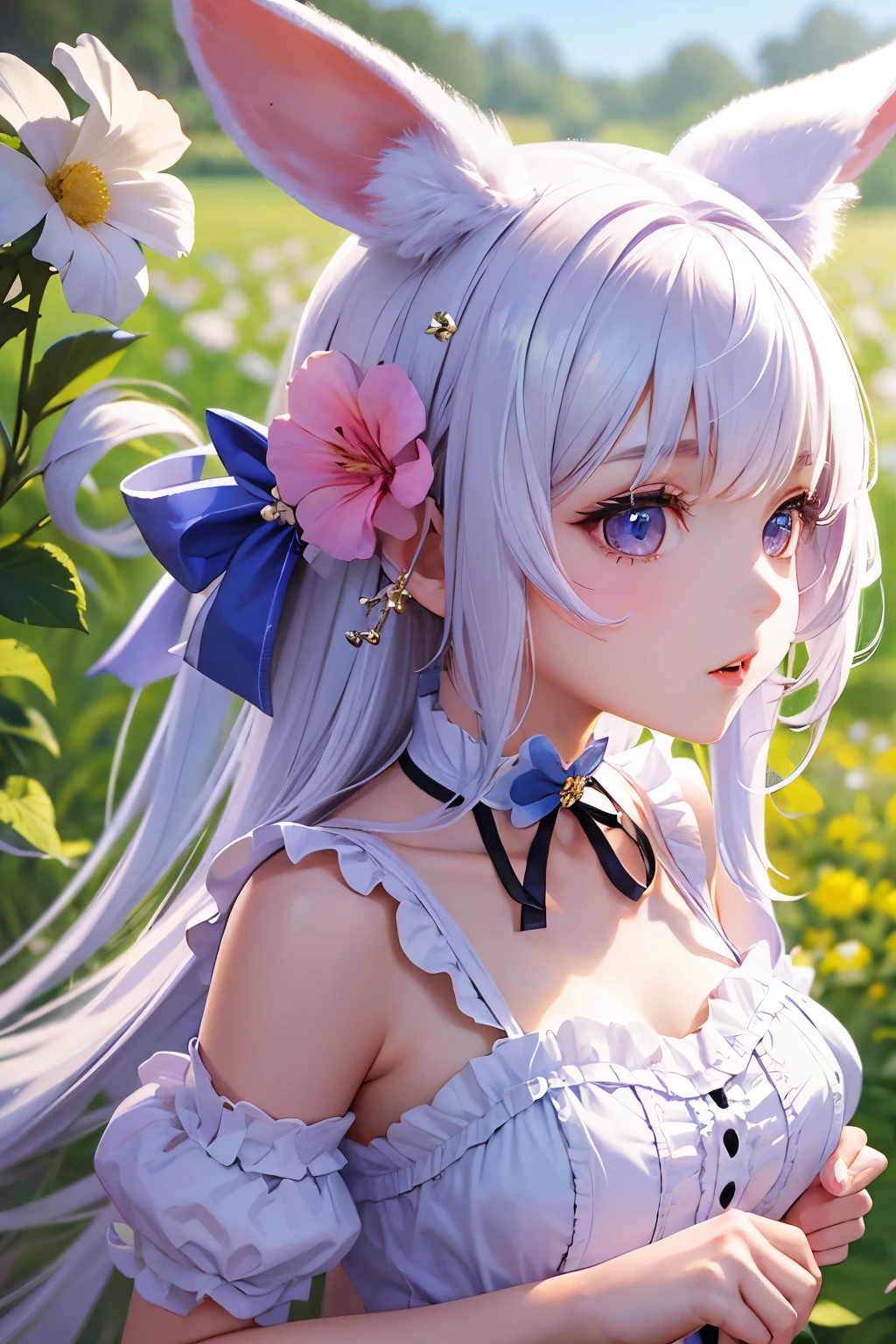 A cute and beautiful girl in a Rabbit costume with a heart-shaped choker, in a beautiful flower field
