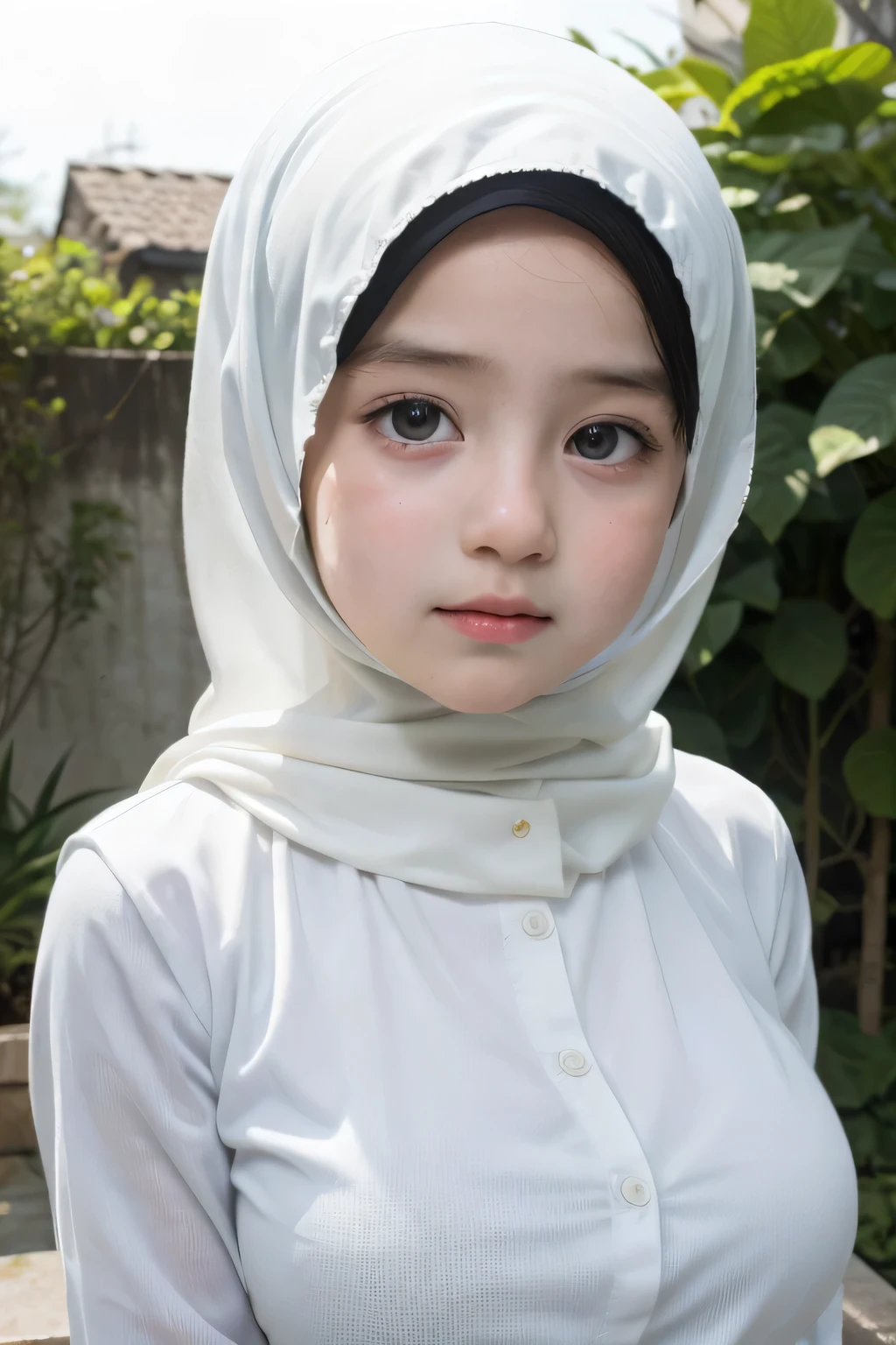 Any Hijab Stylish, adorable, 1 girl, (face to face), , ((baby face)), sad face expression, half body portrait, (face details: 1), (eye details: 1), ((huge breasts)). wearing transparent transparency soft soft, hijab .. Cute posed. proportional body. Ultra High Res. realistic: 1.4, UHD, (floral pattern), view from side seductive pose