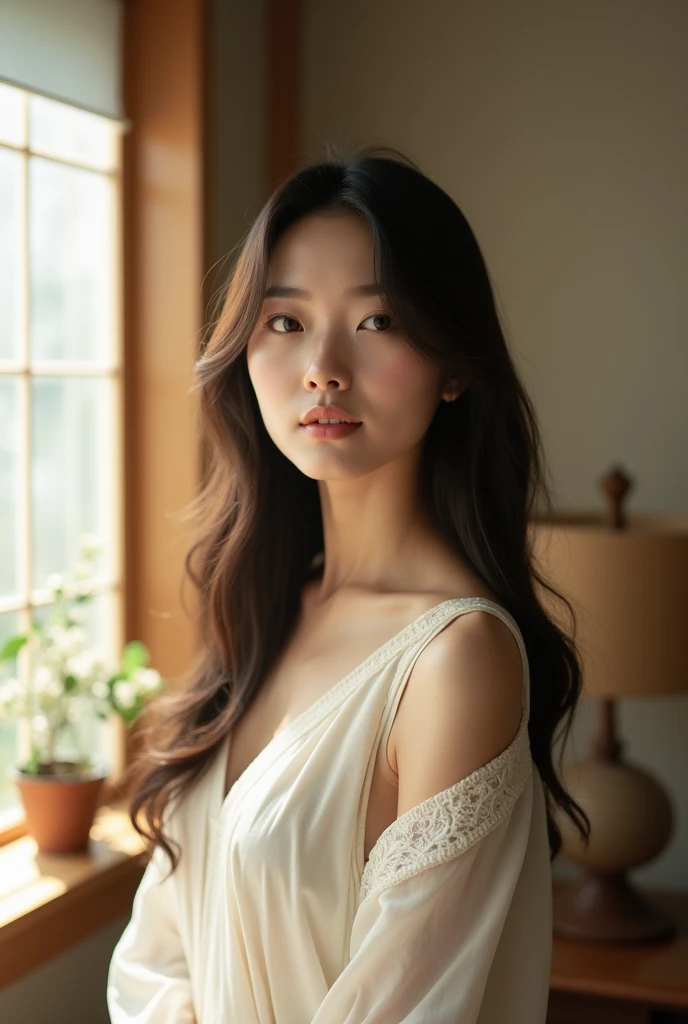 Japanese woman naked in natural light、Close-up so that the whole body is visible、It shows her inner peace and outer charm.。