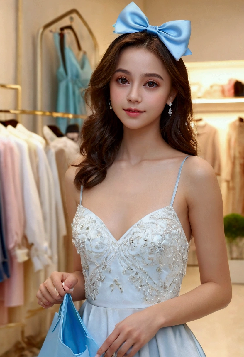 (masterpiece, best quality:1.5), highest quality, High resolution, super detailed, Realists, Full body photo of a young European brunette, detailed and beautiful brown eyes, very detailed eyes and face, longeyelashes, the young woman wears a short white dress with thin straps made of shiny satin and a blue bow in the cross, beautiful natural makeup, elegant and noble々Pose, Gardens as background, soft daylight, bright colors, fine brushstrokes, shiny fabric for clothing, beautiful color palette, glowing skin, First-class rendering, that captures every detail, enchanting atmosphere, subtle shadows and lights, (perfect anatomy:1.2), (The stunning young woman stands in a clothing store and is excited about the selection, browse through the clothes, (magnificent panorama view:1.2)