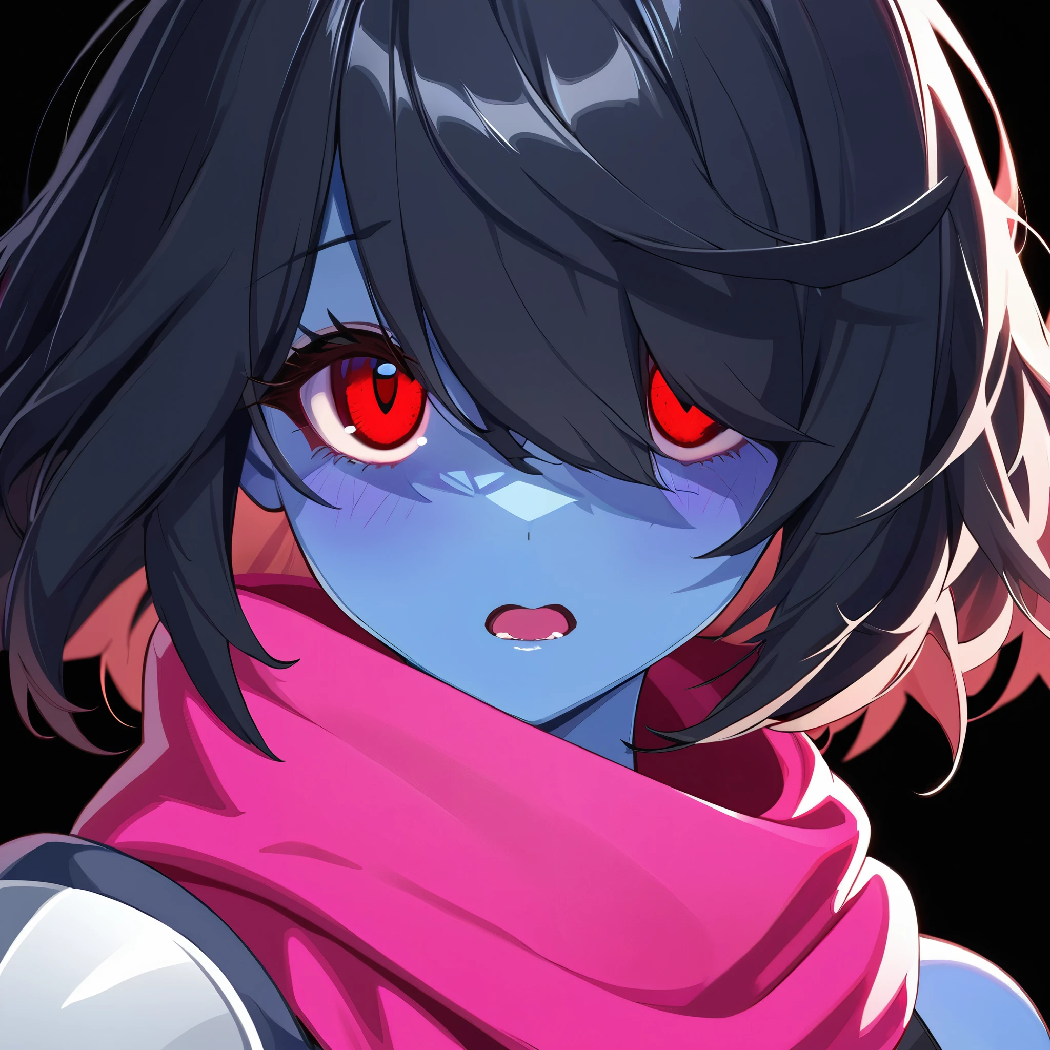 (face focus:1.2, eye focus:0.1, looking at viewer, red eyes), (1girl, solo, darkkris), embarrassed, open mouth, blue skin, (hair over eyes:0.3, black hair, medium hair), detailed, pink scarf:0.3, white chestplate:0.3, (black background)