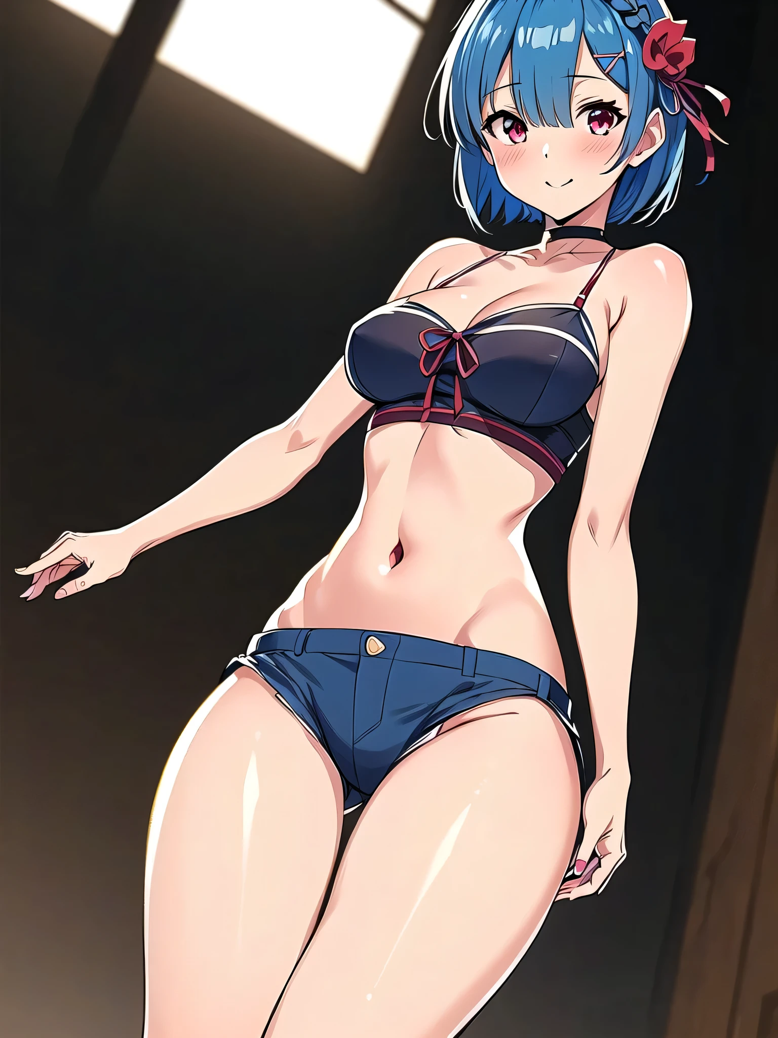 all realistic intricate details, masterpiece, best quality, highres, rem1, 1girl, solo, rem \(re:zero\), blue hair, short hair, red eyes, hair over one eye, ribbon trim, hair ribbon, x hair ornament, frills, crop top white, denim shorts,medium breasts, cleavage, sedection pose , hair flower, outdoor, standing, smile, perfect background, perfect light