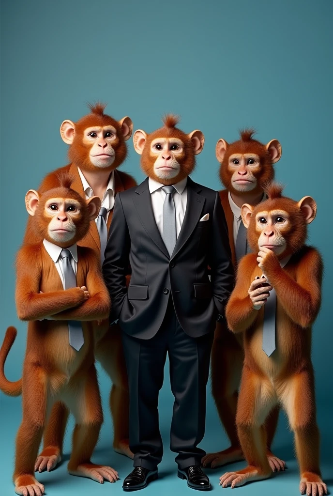 Make a picture of 4 female monkeys and 1 male using suits. with brown fur and realistic ia design
Looking for the camera using suits, blue background. Each one doing different poses or different gestures