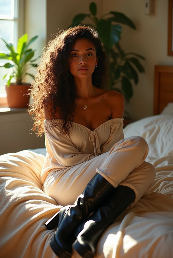 (photorealism:1.2), beautiful woman, sitting on bed, wearing a large black boots and loose off-shoulder top, pajama pants, long curly hair, indoors, soft lighting, plants in background, window with sunlight, cozy room, relaxed pose, realistic, intricate details, warm colors, by Greg Rutkowski, by Alphonse Mucha