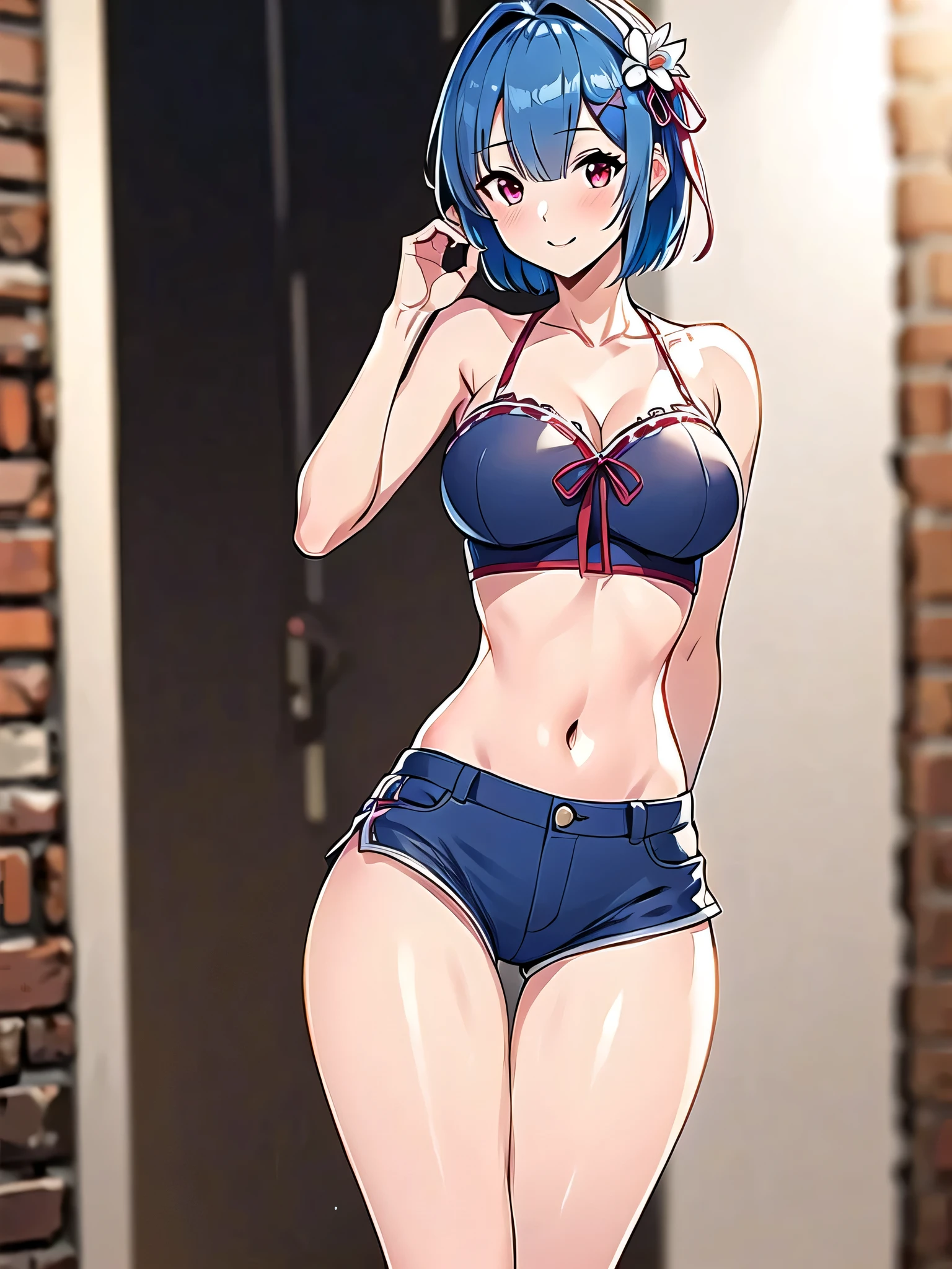 all realistic intricate details, masterpiece, best quality, highres, rem1, 1girl, solo, rem \(re:zero\), blue hair, short hair, red eyes, hair over one eye, ribbon trim, hair ribbon, x hair ornament, frills, crop top white, denim shorts,medium breasts, cleavage, sedection pose , hair flower, outdoor, standing, smile, perfect background, perfect light