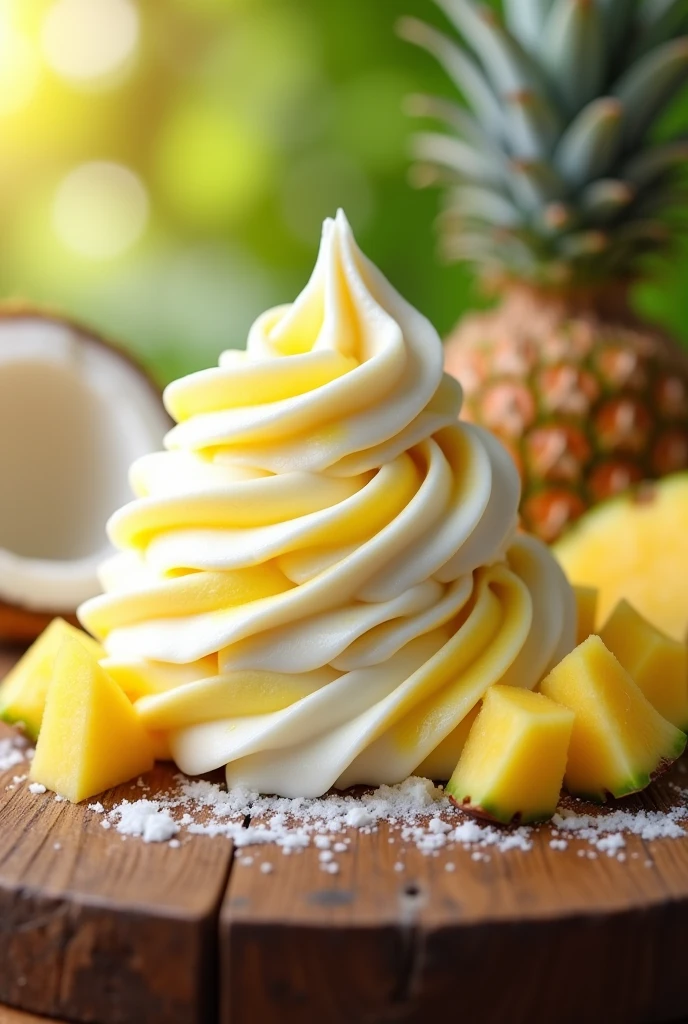 generates a smooth circular shaped natural fruit ice cream ball, Coconut and pineapple flavor, that is of two colors white and yellow mix them a little