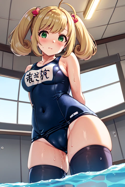 masterpiece, Highest quality, Very detailed, shape, One personの, One personで, View your viewers, Makoto Sato, blonde, Ahoge, Green Eyes, Short pigtails, indoor, 

masterpiece, Highest quality, Very detailed, shape, One person, One personで, View your viewersする, Makoto Sato, blonde, Ahoge, Green Eyes, Short Twin Tails, Poolside, 
((School Swimsuit))、(サイズの小さいSchool Swimsuit)、((pussyfocus))、(Big Breasts)、blush、(Embarrassing)、Looking into the camera、((Shooting from below))、(Pussy juice), (Wet), arms behind back,(cameltoe)