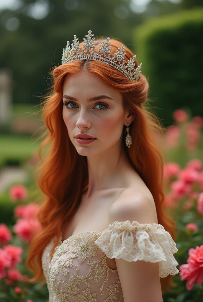 Show me a Lady Diana with a tiara, small and thin nose, with long RED hair MUT LOOKING LIKE Lady Di
