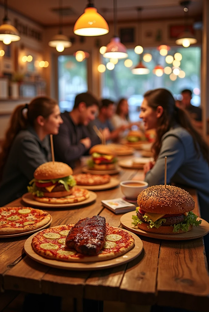 Students in a relaxed environment, with books and pizzas, rib , cartoon style burger. They are sitting in a restaurant where the table is made of wood and benches are made of wood. The background is blurred and full of wooden tables. .
