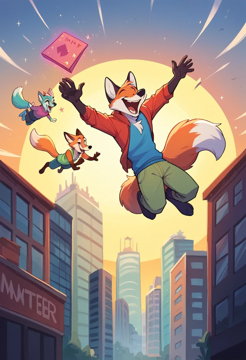 Magic, floating, fox, anthro, smiling, chuckle, laugh, high detail, vibrant, city background, wearing summer clothes, male