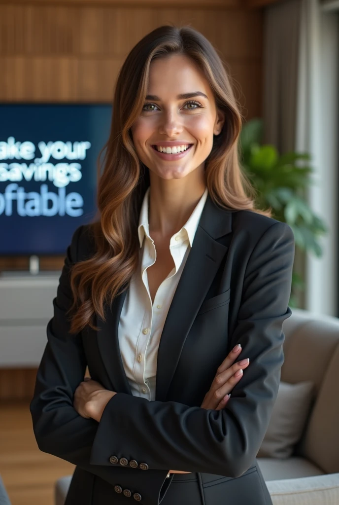 Young woman with brown hair and a confident expression, This foot and is decorated with elegant furniture and modern technology. The investment executive is wearing a beautiful suit, short foul, well-fitting and complementing your outfit, while smiling. On the back there is a LED television with a screen inside that shows legible letters " Make your savings profitable"
