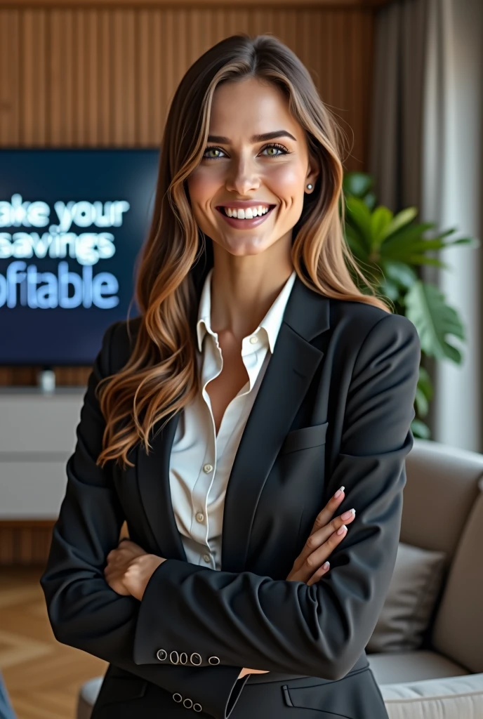 Young woman with brown hair and a confident expression, This foot and is decorated with elegant furniture and modern technology. The investment executive is wearing a beautiful suit, short foul, well-fitting and complementing your outfit, while smiling. On the back there is a LED television with a screen inside that shows legible letters " Make your savings profitable"