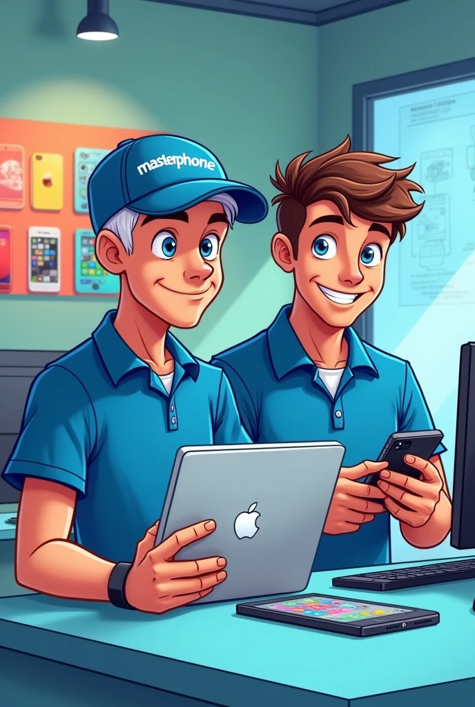 For me, the image of two men behind a counter at a telephone technical support center, one of the men with very short white hair and the other with brown hair, and both wearing a blue cap with the word masterphone written on it., And also Blue polo shirt and the guy with white hair fiddling with an Apple notebook And the other one with brown hair fixing a phone, I want them both looking at the camera and I want the image to be like an animated cartoon
