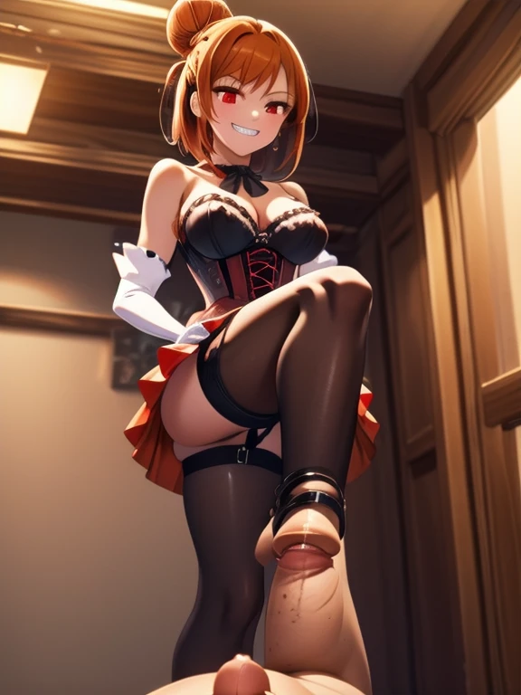 prison, concrete wall, concrete floor, ((denkianma)), femdom, dominatrix, looking at viewer, ((bare shoulders)), ((black bustier)), ((black stockings)), ((black g-string)), ((black high heels)), ((black garter belt)), ((black elbow gloves)), ((evil grin)), from below, foot focus, footjob, penis, cum, , nude male, step on penis, ((ankle grab)), foreshortening, pov, 1 boy,(masterpiece:1.2), best quality, high resolution, (beautiful detailed face:1.2, beautiful detailed red eyes:1.2), perfect lighting, (perfect hands, perfect anatomy),
Cute, beautiful, charming lady,
orange hair, single bun hair,