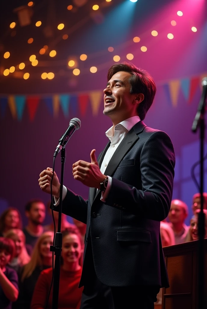 NARRATOR in suit and microphone